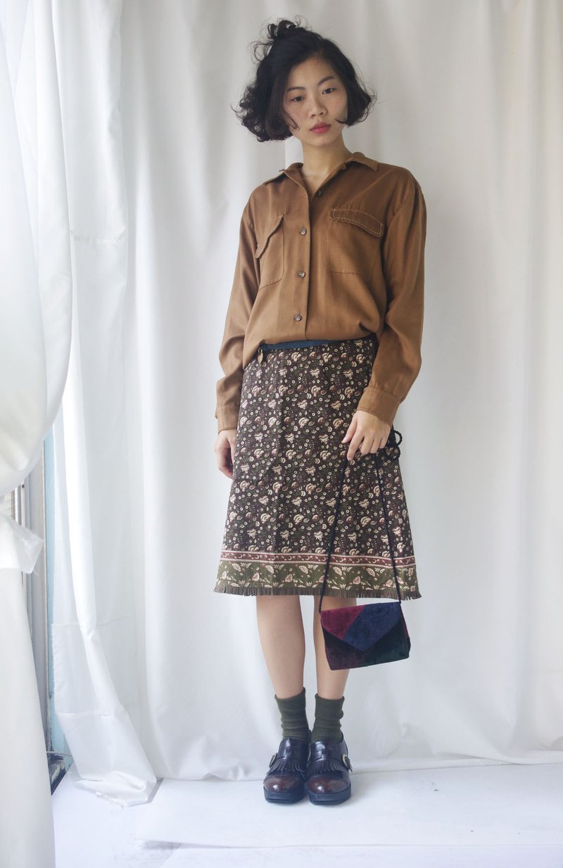 4.5studio-寻宝古着-复古咖啡色虚线装饰树木衬杉 - 女装衬衫 - 聚酯纤维 咖啡色