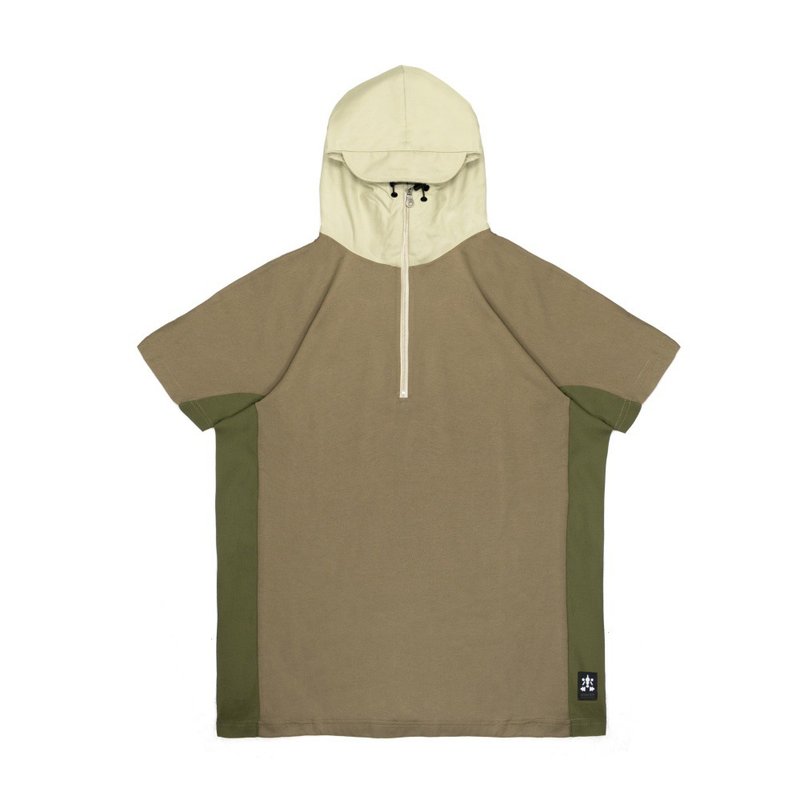 连帽连袖短袖上衣-岩绿 - 中性连帽卫衣/T 恤 - 棉．麻 卡其色