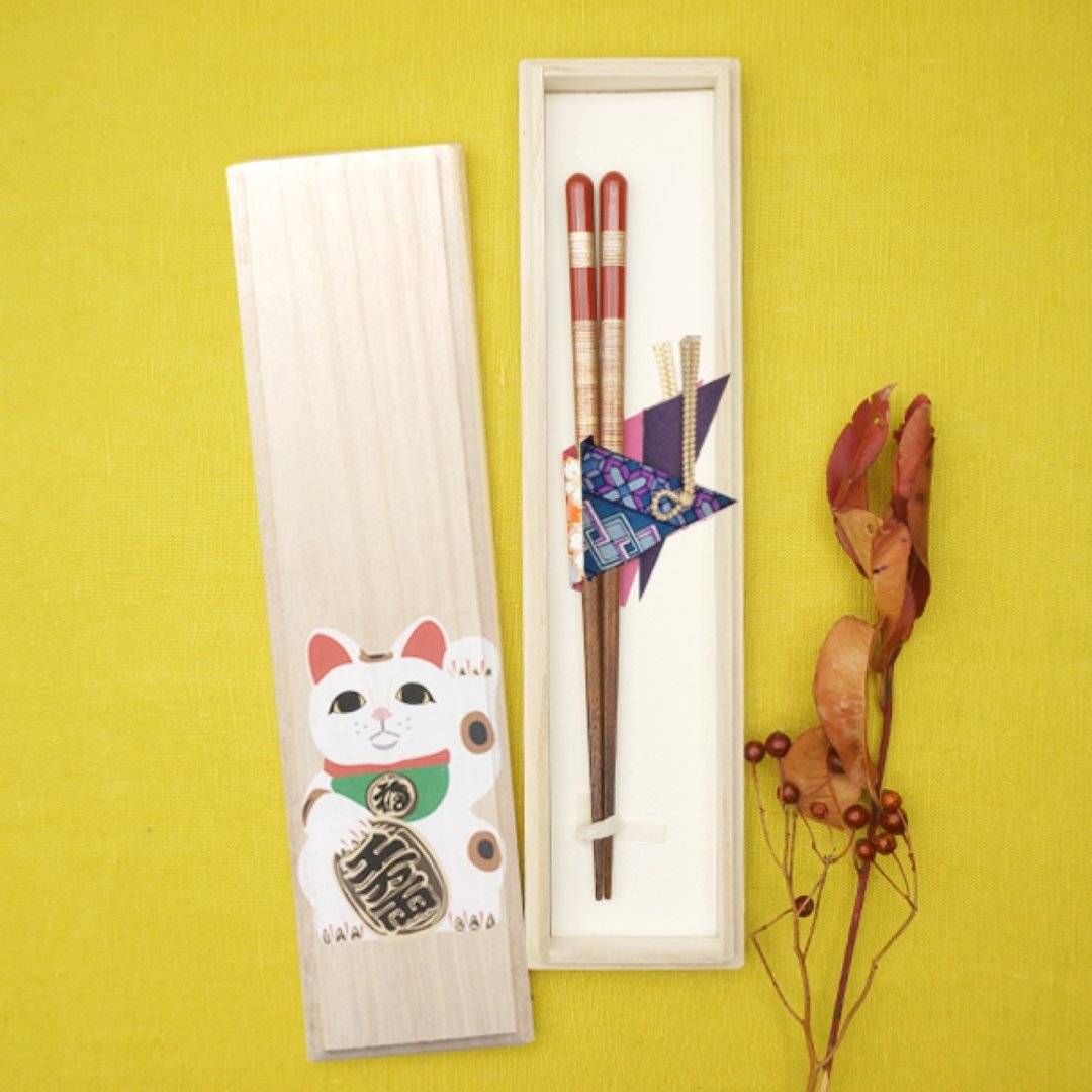 兵左卫门筷子礼盒，招财猫，樱草色，红色，中号，21.5厘米 - 筷子/筷架 - 木头 