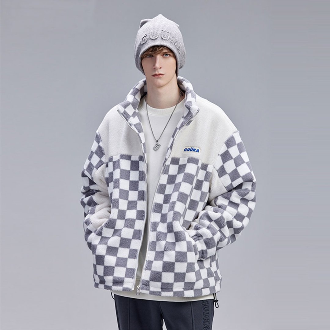 冬季棋盘格棉衣 羊羔绒外套 男士加厚棉服 - 男装外套 - 其他材质 灰色