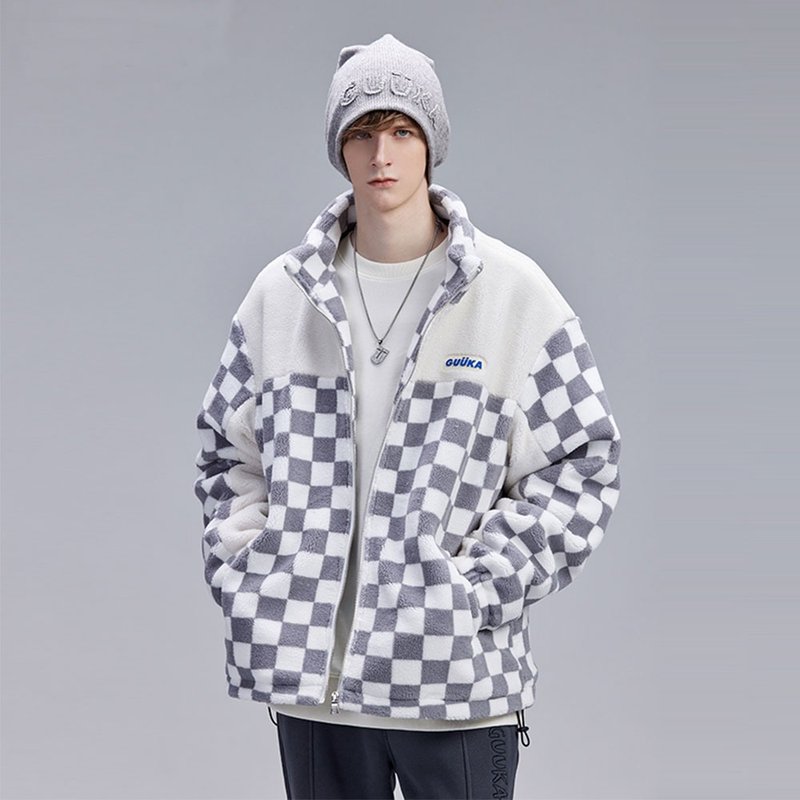 冬季棋盘格棉衣 羊羔绒外套 男士加厚棉服 - 男装外套 - 其他材质 灰色