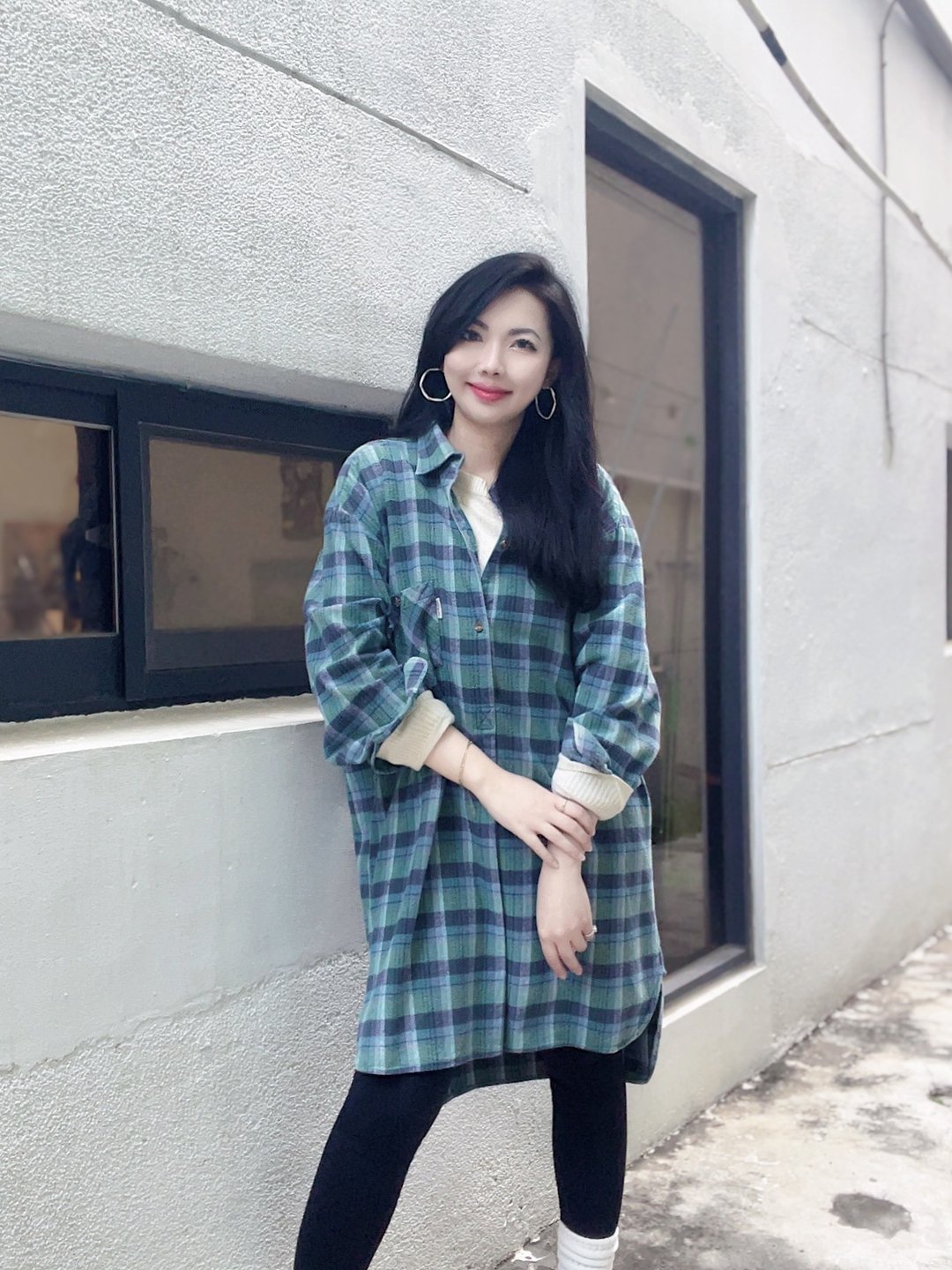 60s-70s Europe pull over shirt 蓝绿色欧洲法兰绒格纹长版衬衫 - 女装衬衫 - 棉 多色