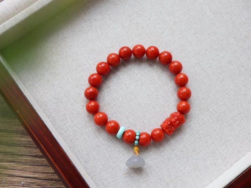 9mm天然原矿南红 和田玉莲蓬南红渡母设计单圈手持手串s - 手链/手环 - 半宝石 红色