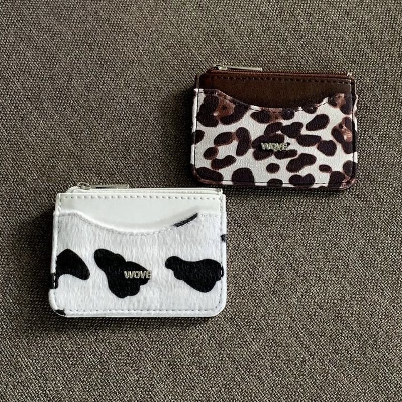 WOVE - 牛皮斑纹与豹纹印花拉链卡夹 - 零钱包 - 人造皮革 咖啡色