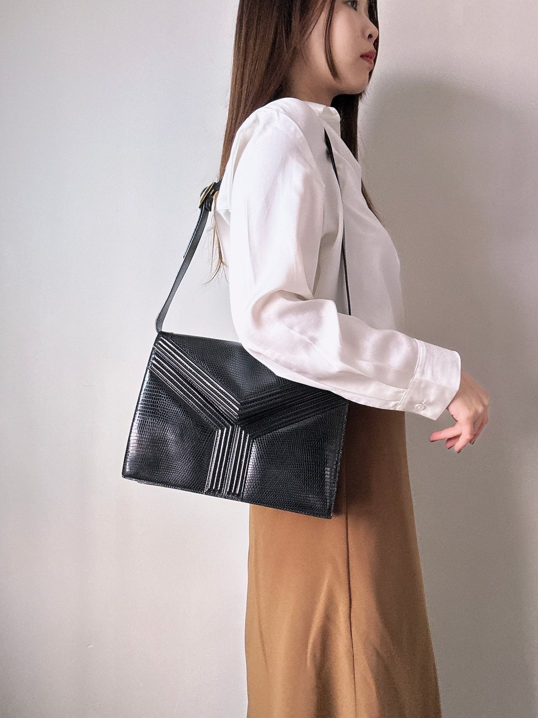 中古正品 YSL 圣罗兰 真皮风琴包 蛇皮压纹 通勤包 侧背包腋下包 - 侧背包/斜挎包 - 真皮 黑色