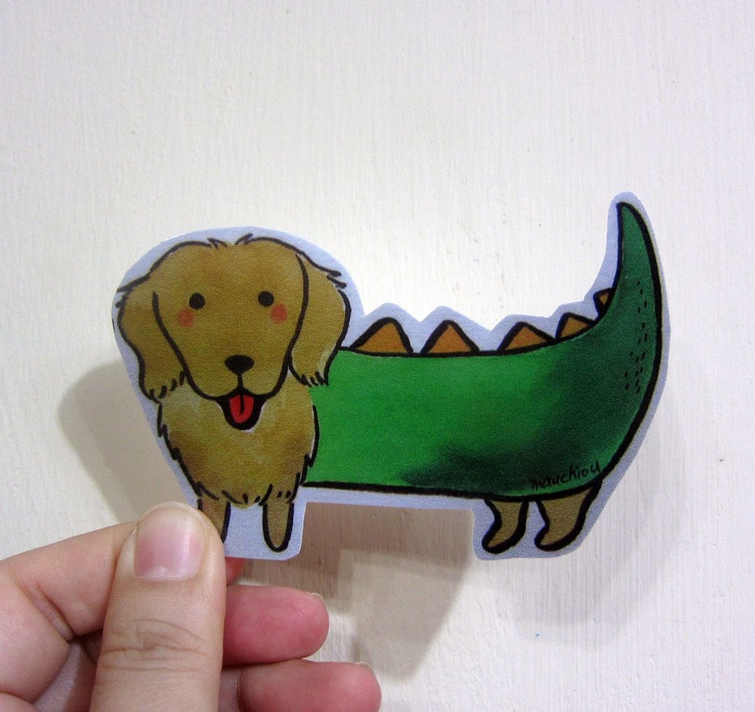 手绘插画风格 完全 防水贴纸 长毛奶油腊肠 黄腊肠 Dachshund - 贴纸 - 防水材质 咖啡色