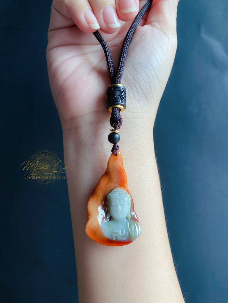 天然缅甸玉 翡翠 火焰佛心 禅 悟道 释迦牟尼佛 菩萨 项链 佛像 - 项链 - 玉石 红色