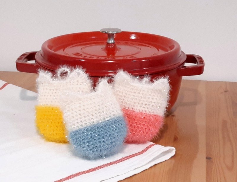 DIY材料包 编织粉嫩猫咪造型菜瓜布 韩国菜瓜布 可完成两个作品 - 编织/刺绣/羊毛毡/裁缝 - 其他材质 多色