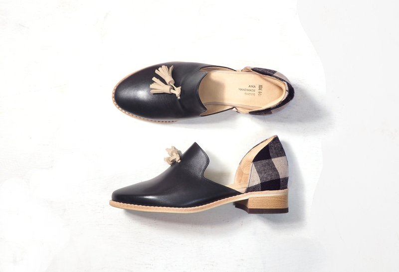 爱花乐福-黑色牛皮+格子布 - 女款休闲鞋 - 真皮 黑色