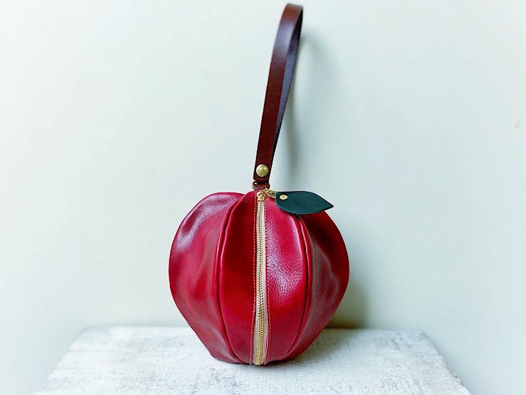 JAPAN 油蜡皮革 苹果小包 pomme 深红色 光泽红 - 化妆包/杂物包 - 真皮 红色