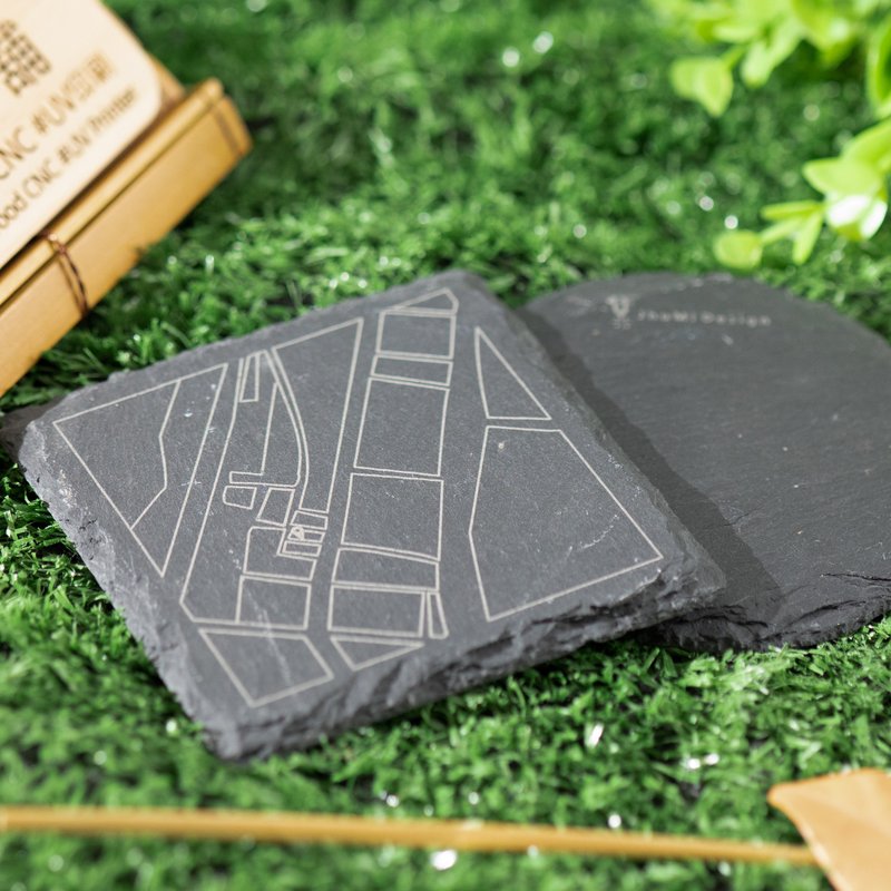 定制化雕刻板岩杯垫∣9x9cm∣方、圆形石板杯垫 - 杯垫 - 其他材质 黑色