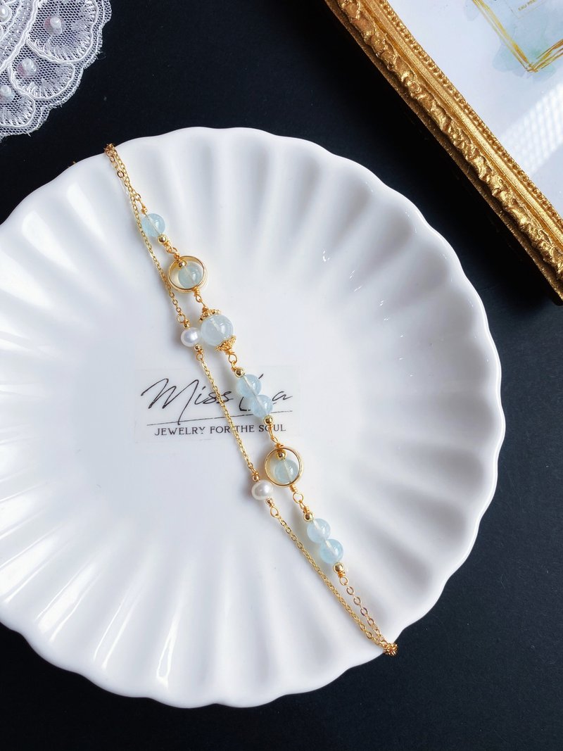 海蓝宝 气质 设计款 手链 双链款 礼物 天然石 闺密 生日 - 手链/手环 - 水晶 蓝色