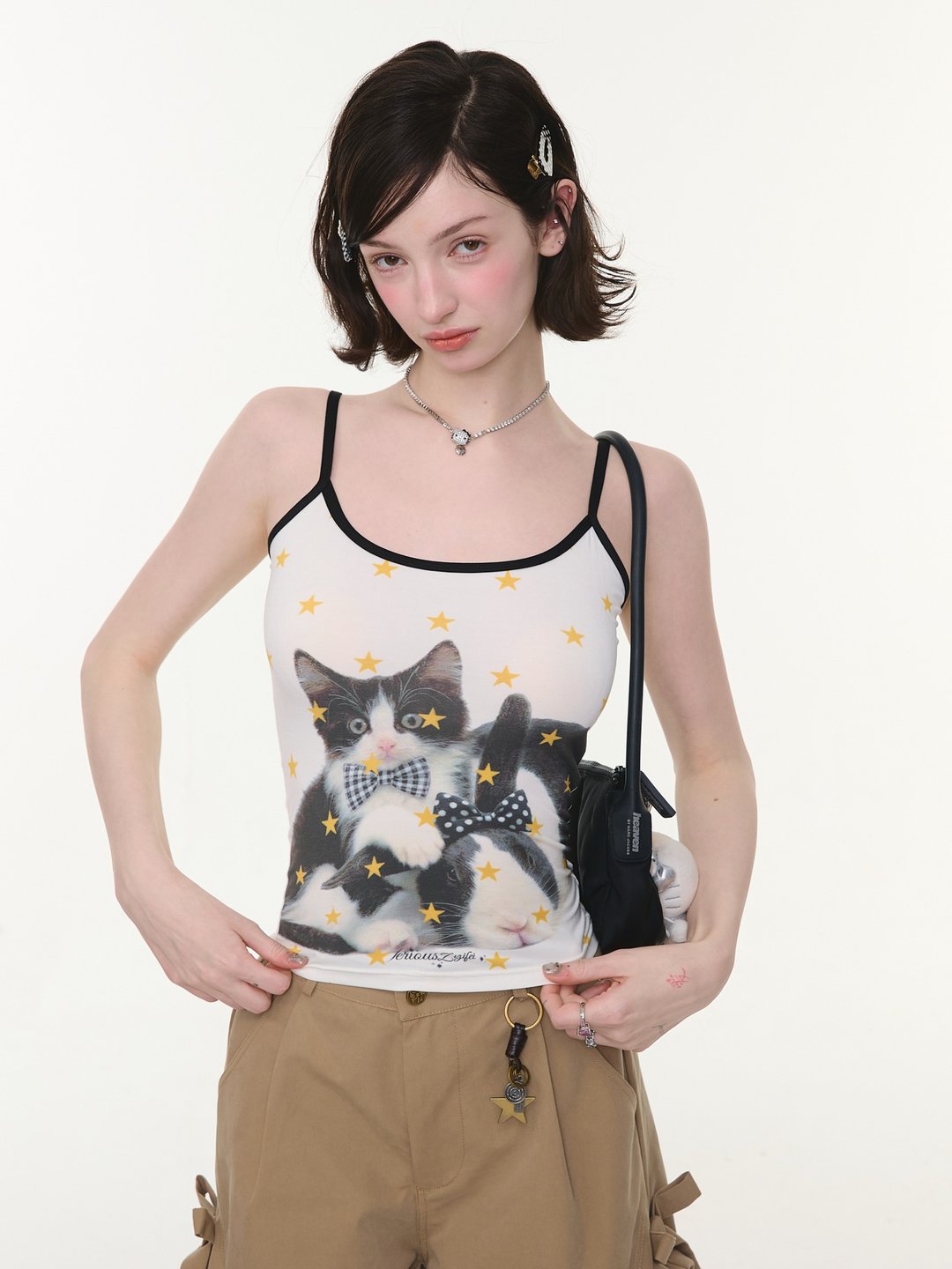 ziziFei''领结绅士猫''夏季修身星星波点猫咪印花白色吊带背心女 - 女装背心 - 其他材质 白色