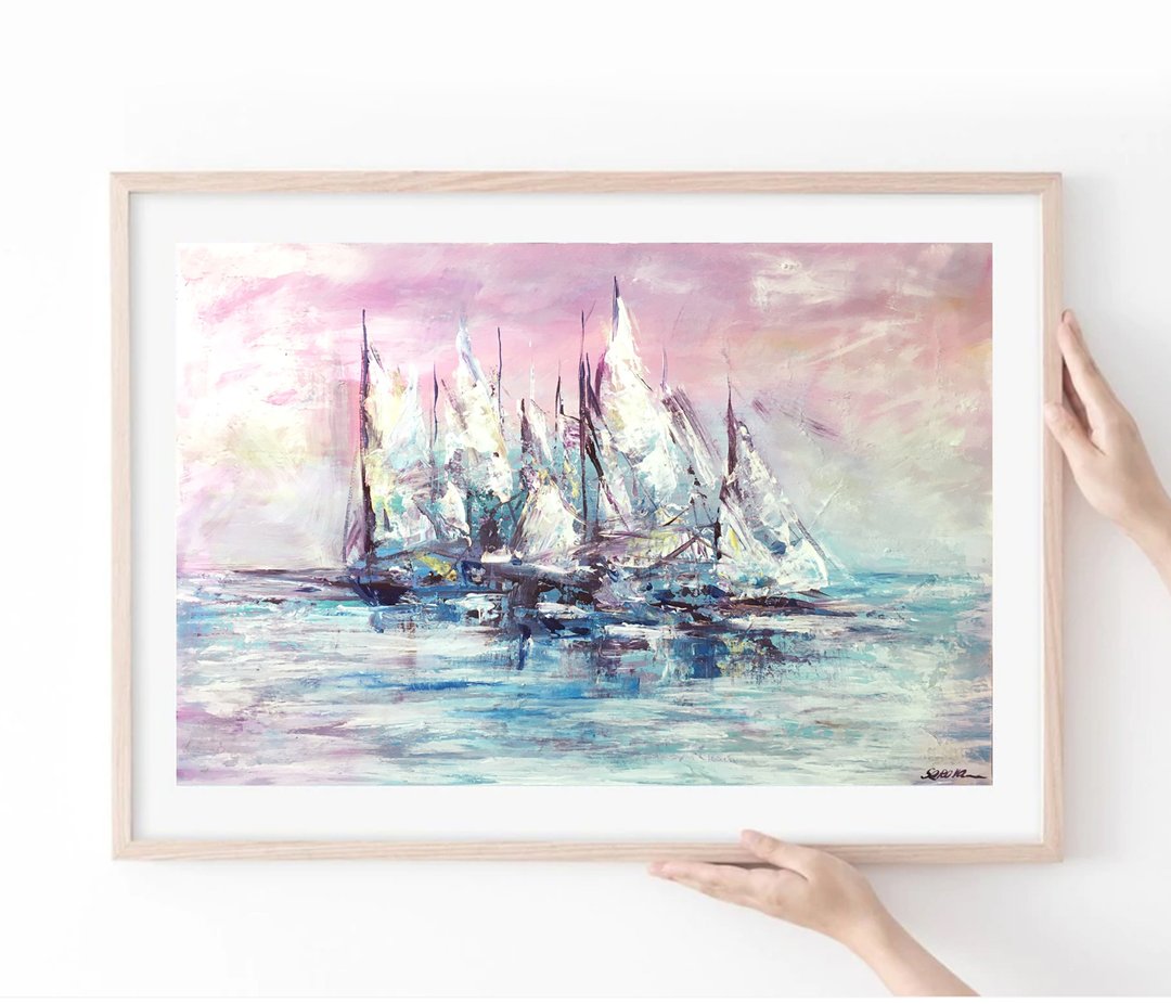 Sailboat Painting Acrylic Boats Wall Art Seascape Original Y - 墙贴/壁贴 - 压克力 粉红色