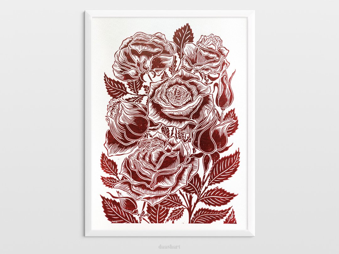勃艮第玫瑰花墙艺术 Linocut 印刷植物植物原创艺术品 - 海报/装饰画/版画 - 纸 红色