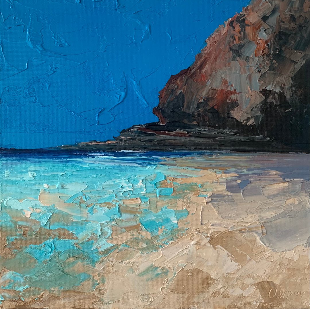 Original Beach Ocean Landscape Blue Sky Artwork Seascape Painting Impasto Art - 墙贴/壁贴 - 棉 多色