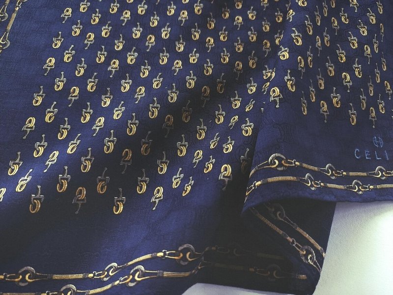 Celine 古董手帕 缇花织纹 马术图纹 21 x 20.5 英寸 - 丝巾 - 棉．麻 蓝色