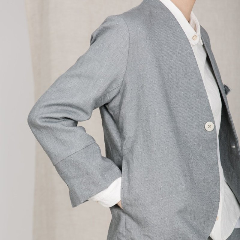 不服 女装苎麻西装短外套 七分袖上衣 葫芦刺绣 O161006 - 女装上衣 - 棉．麻 蓝色