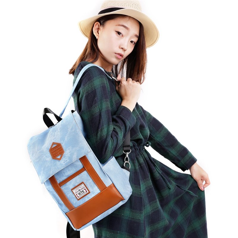 【品牌周庆-花车特卖$1000】 复刻回忆｜文青包(M)-牛仔皮纹｜ - 后背包/双肩包 - 防水材质 蓝色