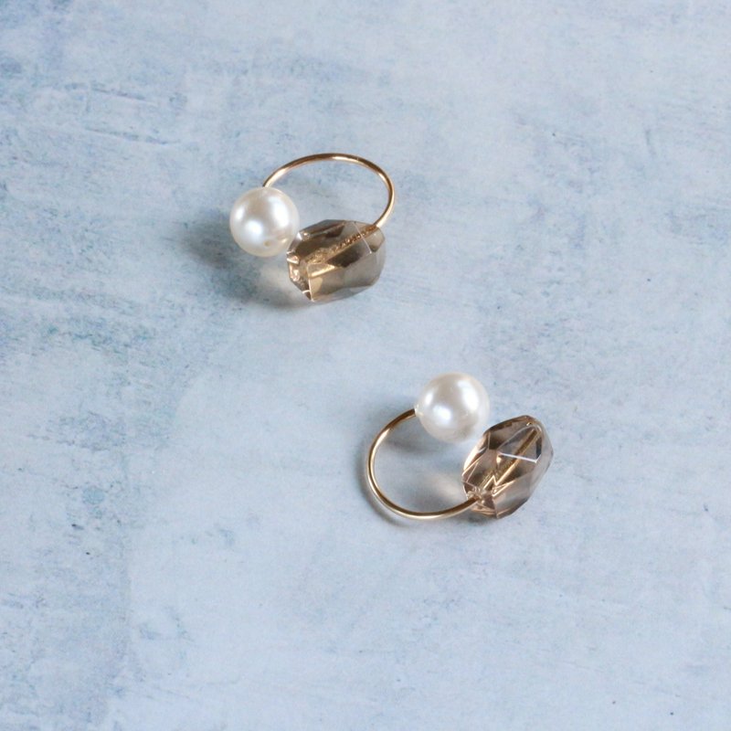 14kgf Smoky Quartz Swarovski Pearl 2Way Ear cuff - 耳环/耳夹 - 其他金属 咖啡色