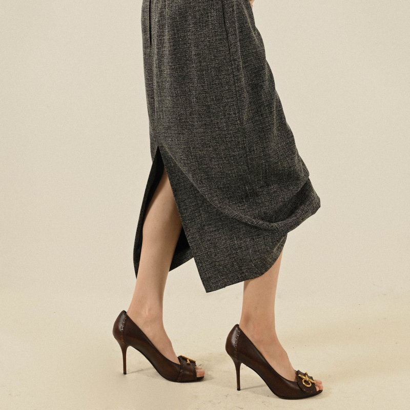 【NaSuBi Vintage】打褶设计缇花古着长裙 - 裙子 - 其他人造纤维 灰色