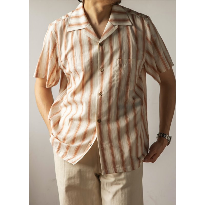 橘色条纹古巴领衬衫 短袖衬衫 提花布料 椰壳扣 户外 上衣 Shirt - 男装衬衫 - 棉．麻 多色