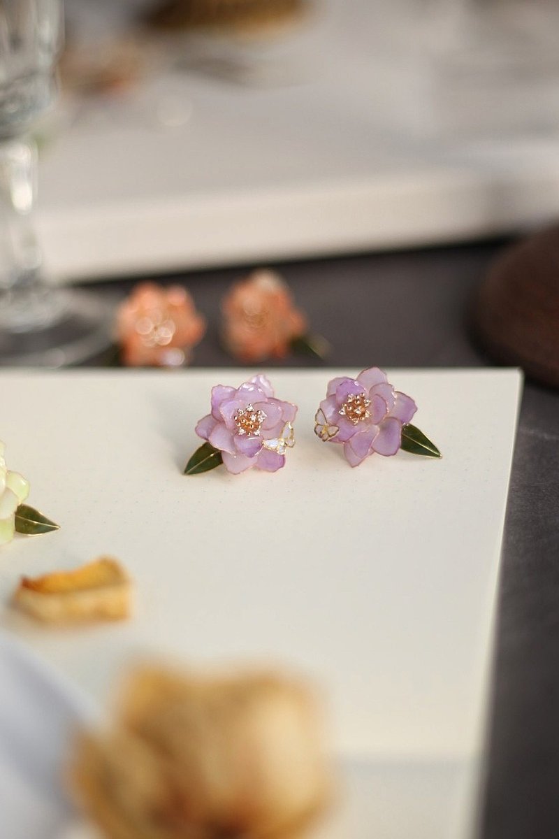 月季与小蝴蝶 • 紫 - 手工树脂耳环 耳夹 礼物 - 耳环/耳夹 - 树脂 紫色