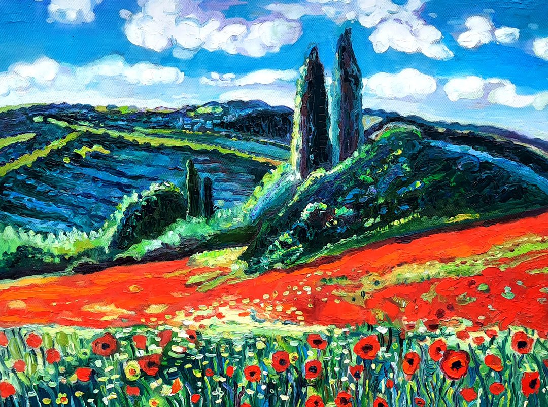 Italy  Art  Poppies of field Painting  Original Oil Art Wall Decor Oil On Canvas - 墙贴/壁贴 - 其他材质 红色