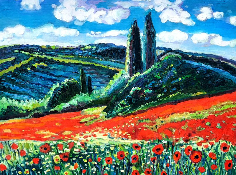 Italy  Art  Poppies of field Painting  Original Oil Art Wall Decor Oil On Canvas - 墙贴/壁贴 - 其他材质 红色