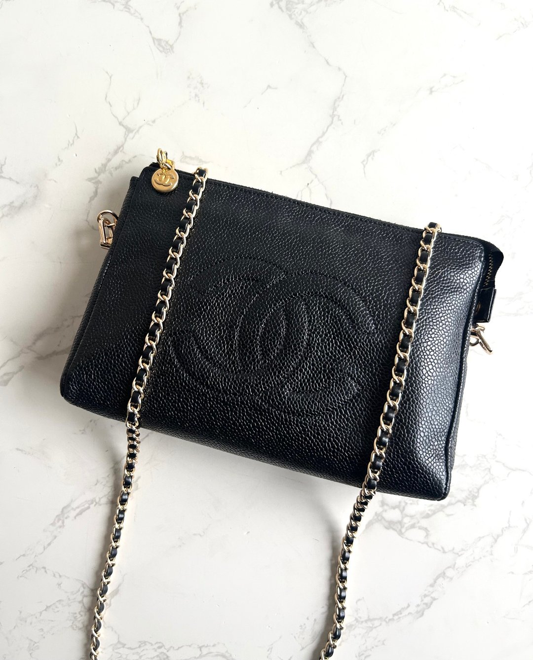 Chanel 黑色鱼子酱斜背包 中古包 单肩包 侧背包 二手包 古董包 - 侧背包/斜挎包 - 真皮 黑色