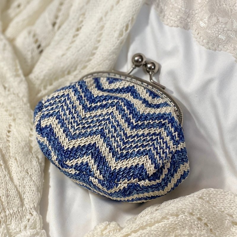 【海风轻拂】售罄/编织布蓝色口金包/零钱包/子母包/小物包 - 零钱包 - 其他材质 蓝色
