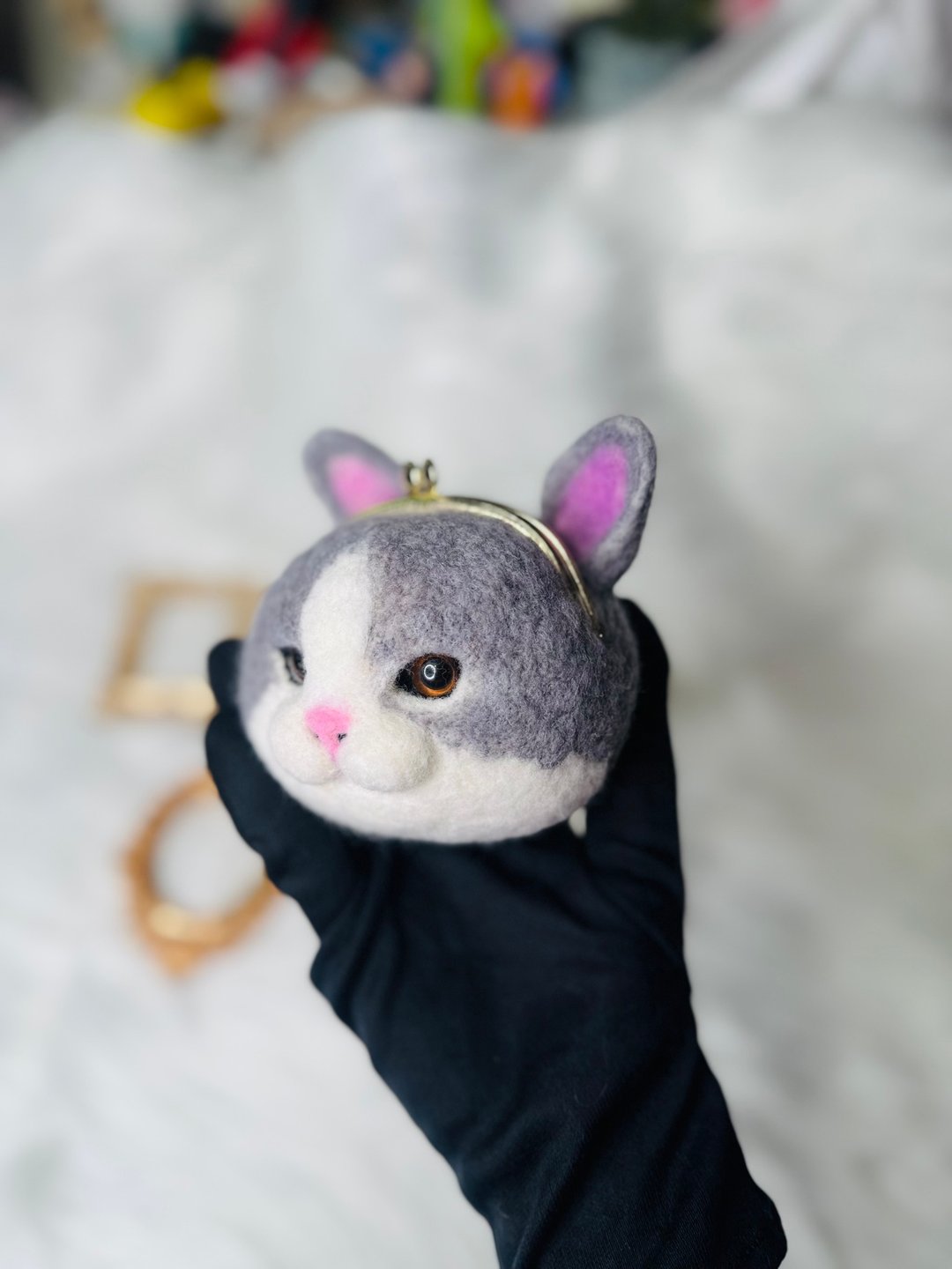 羊毛毡猫咪金口包 - 零钱包 - 羊毛 灰色