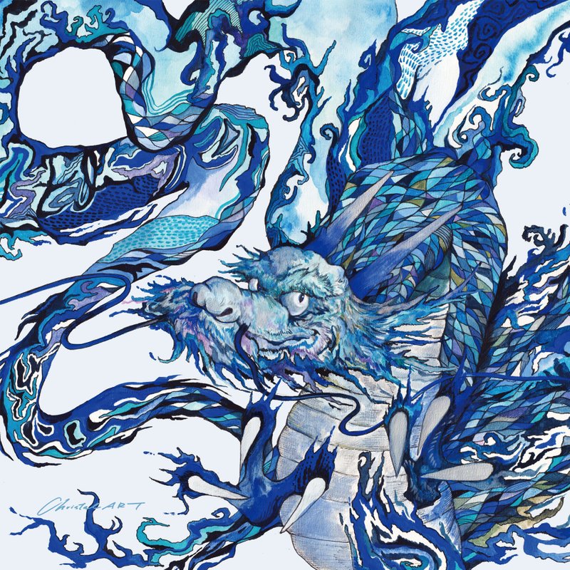 水彩画 青龙方巾_50cm_ChristalART - 手帕/方巾 - 棉 蓝色