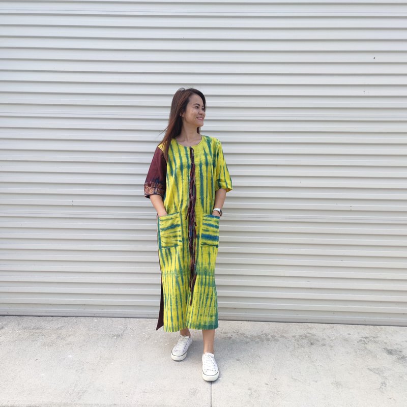 Yellow Brown 快乐扎染洋装 - 洋装/连衣裙 - 棉．麻 黄色