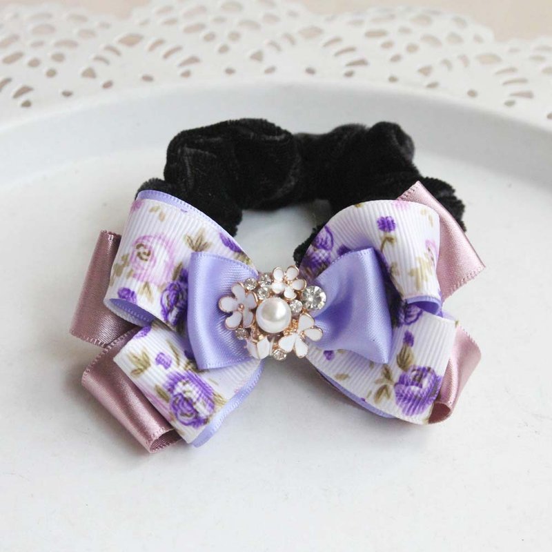 紫色玫瑰花立体蝴蝶结大肠圈 - 发饰 - 棉．麻 紫色