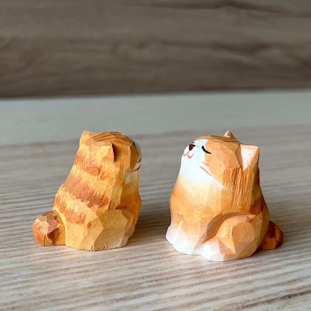 老匠人 实木手工雕刻 彩绘猫咪 - 摆饰 - 木头 橘色