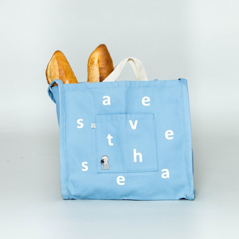 海洋系列刺绣环保两用背袋 浅蓝色 - 手提包/手提袋 - 棉．麻 蓝色