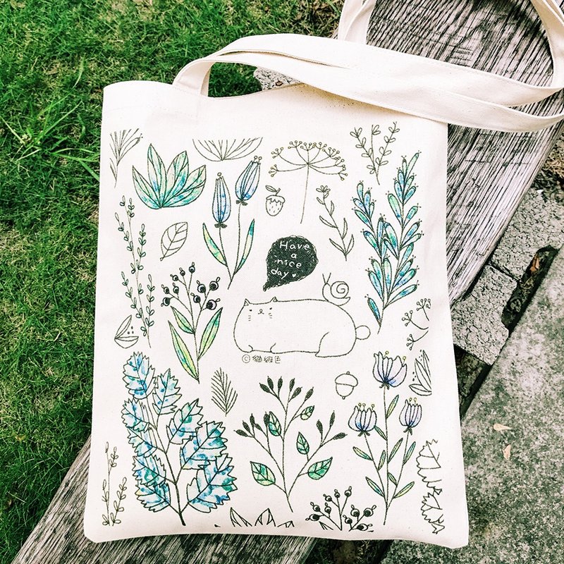 猫绿色-胖猫的森林时光 / 肩背帆布袋 - 侧背包/斜挎包 - 棉．麻 绿色