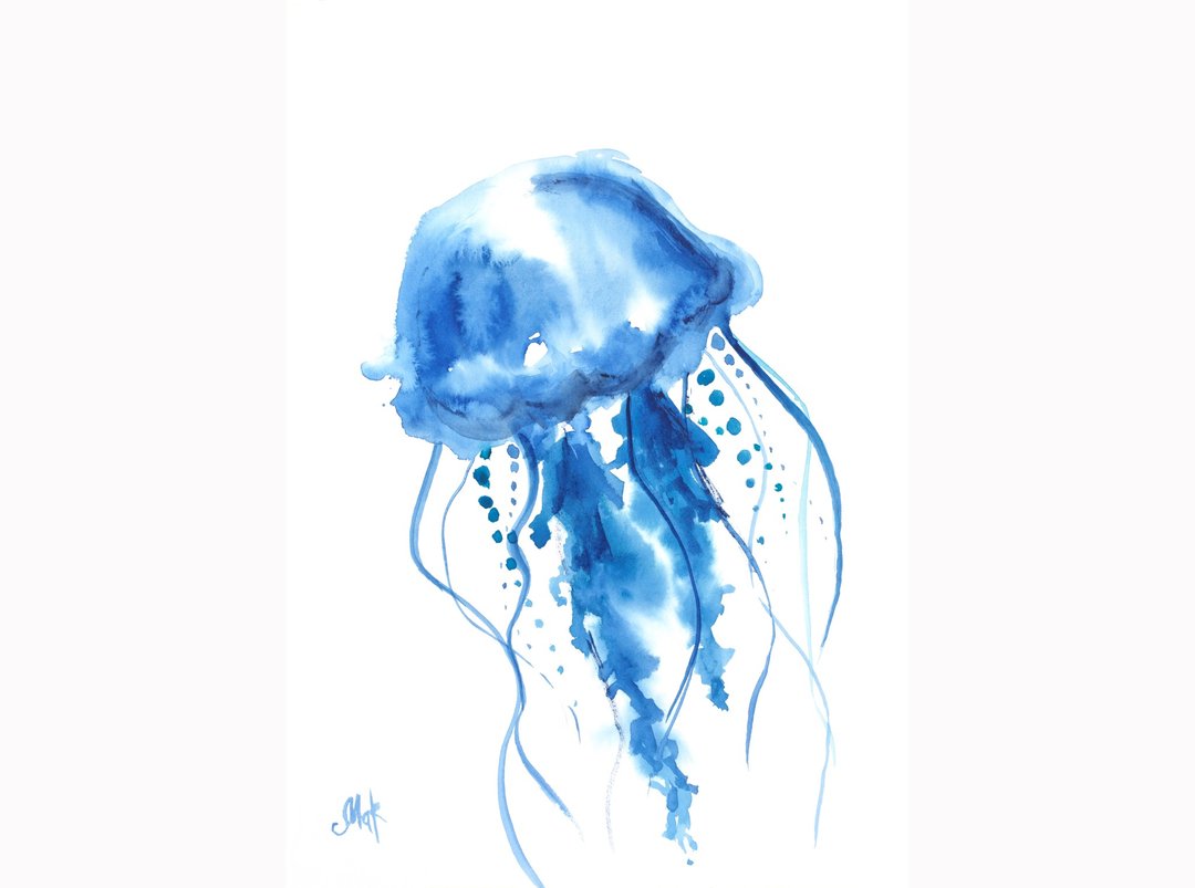 Jellyfish Painting  Navy Blue Nautical Original Watercolor Sea Creature Wall Art - 海报/装饰画/版画 - 其他材质 蓝色