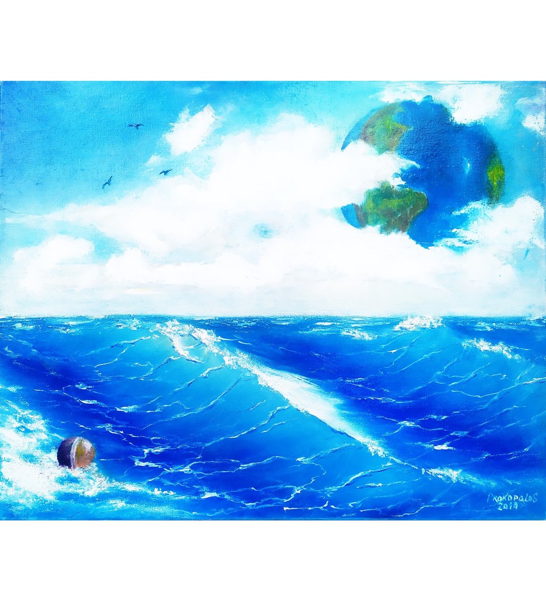 Ocean Oil Painting Seascape Original Art Fantasy Solaris Art 16 by 20 - 墙贴/壁贴 - 其他材质 蓝色