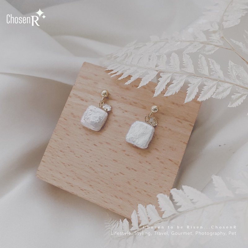 方形巴洛克锆石珍珠耳环// 耳夹可 - 耳环/耳夹 - 珍珠 白色