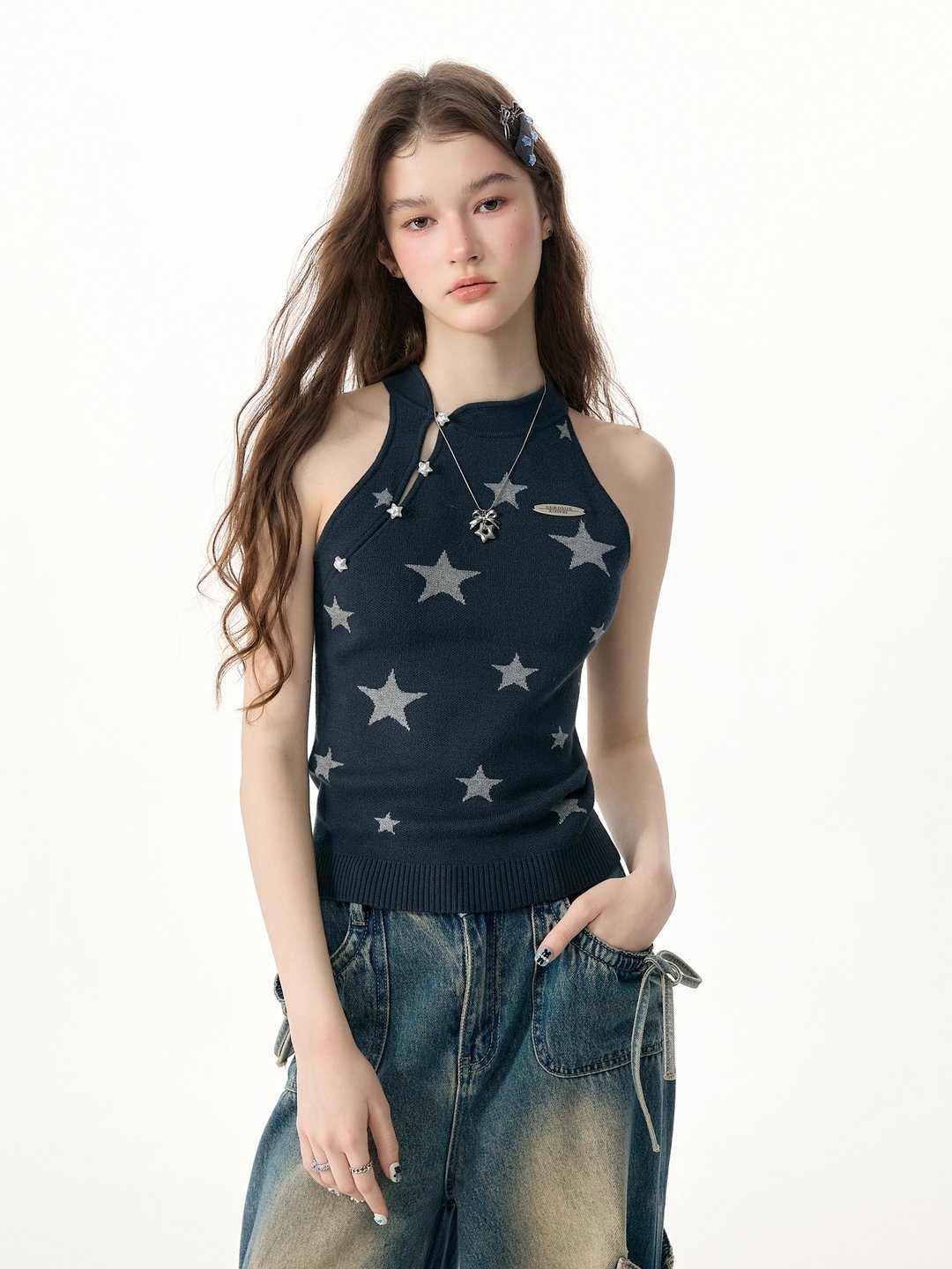 ziziFei''漫野星星''夏慵懒星星印花新中式深灰色挂脖针织背心女 - 女装背心 - 其他材质 灰色