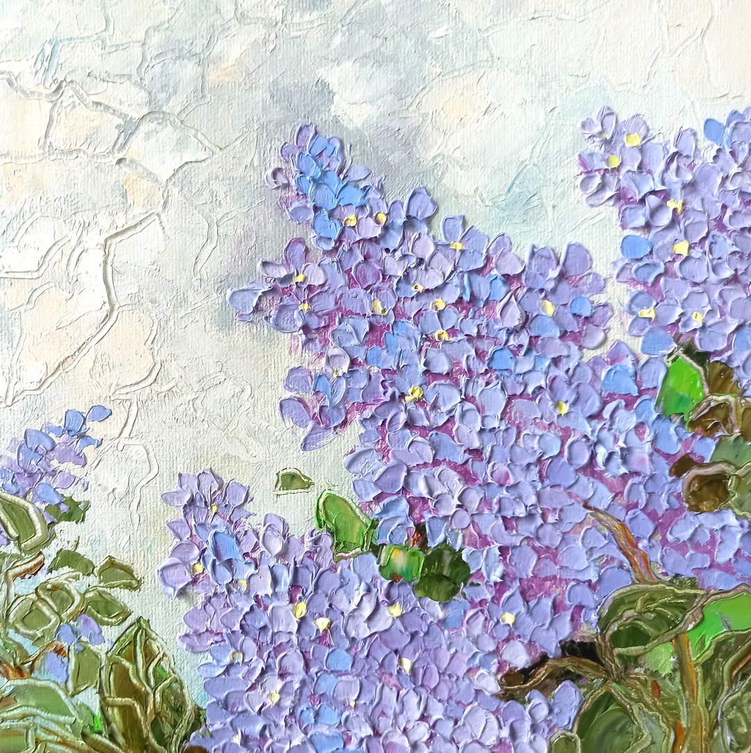 帆布板上的丁香油画 20x20cm Saugeana 花卉厚涂画作品 - 海报/装饰画/版画 - 其他材质 紫色