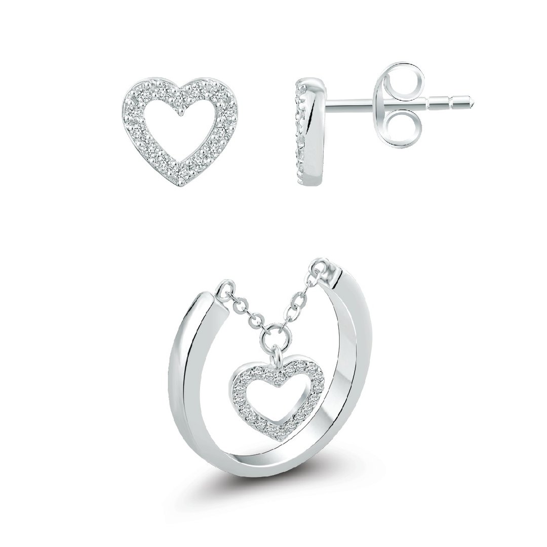 Set Sterling Silver CZ Diamond Heart Ring, Necklace, Earring - 戒指 - 纯银 银色