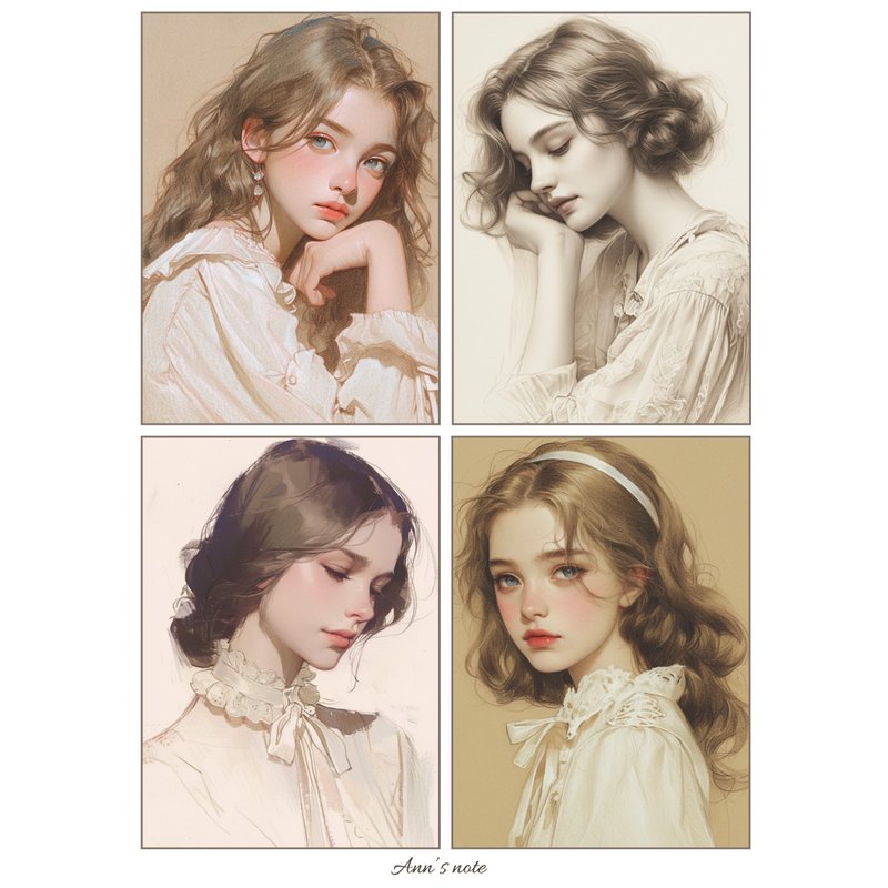 四联欧洲少女贴纸（anss注）人物贴纸少女贴纸 - 贴纸 - 纸 卡其色