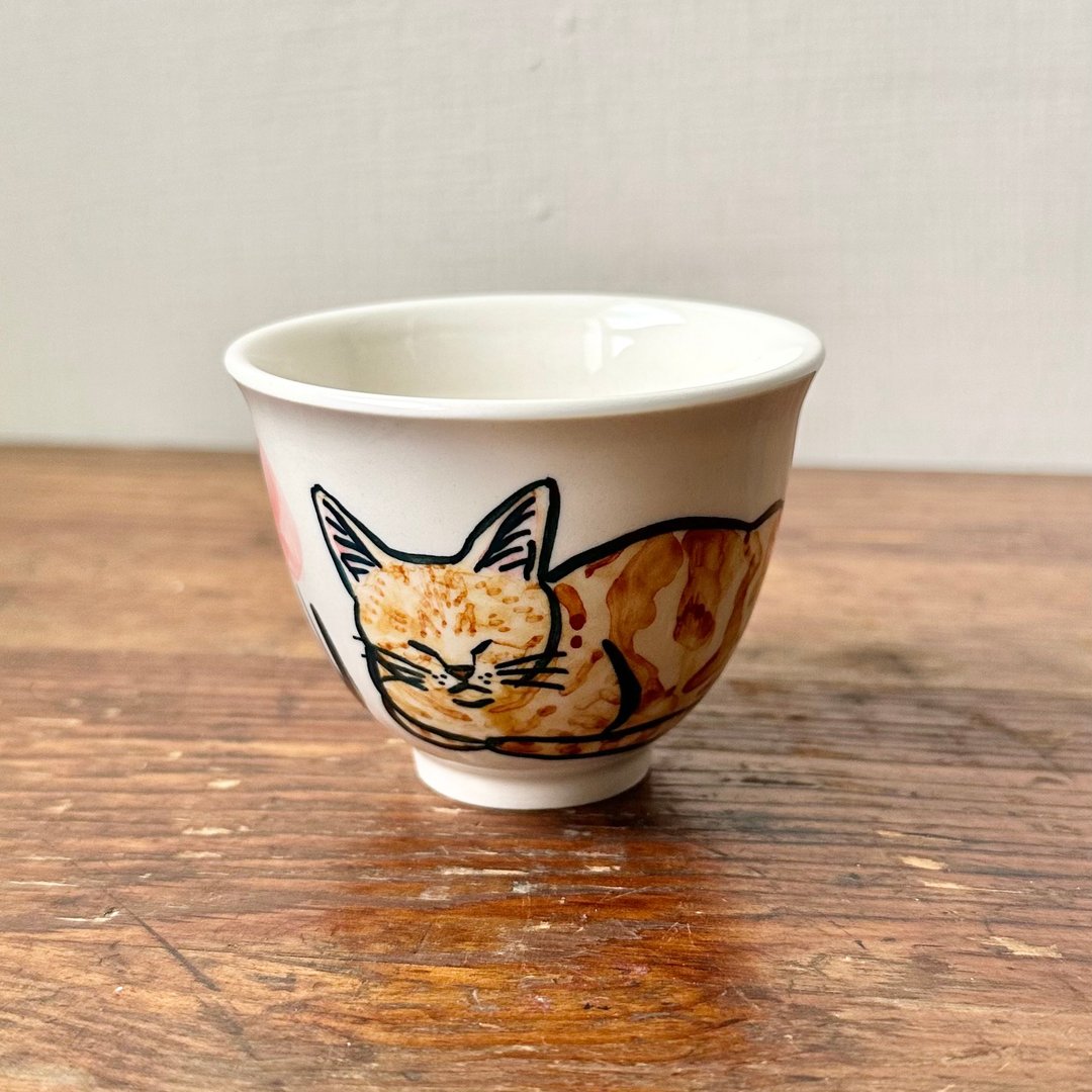 橘猫和粉红色花　小杯子 - 其他杯子 - 陶 多色