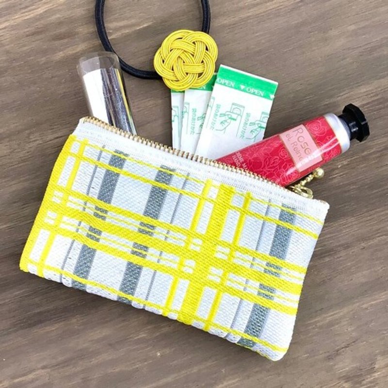 【苏格兰格纹】叠缘 扁平迷你小包 零钱包 卡夹 黄色 简约 - 化妆包/杂物包 - 其他材质 黄色