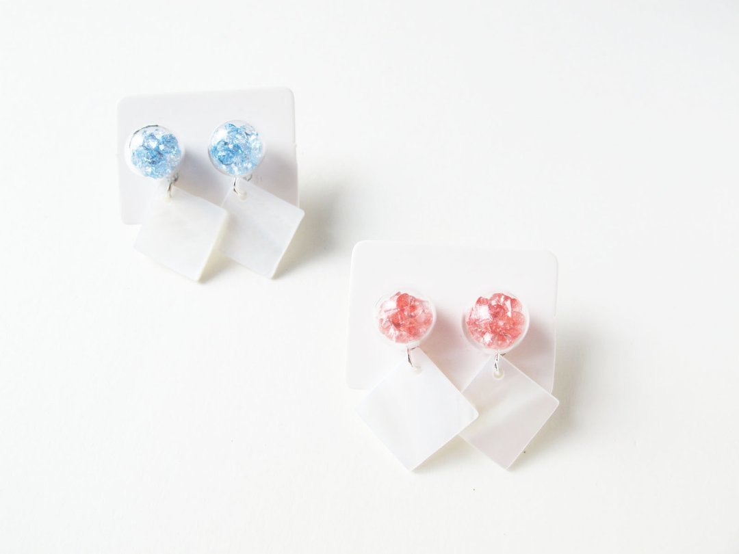 ＊Rosy Garden＊ 清透水晶玻璃球菱形贝壳耳环 - 锁骨链 - 玻璃 蓝色