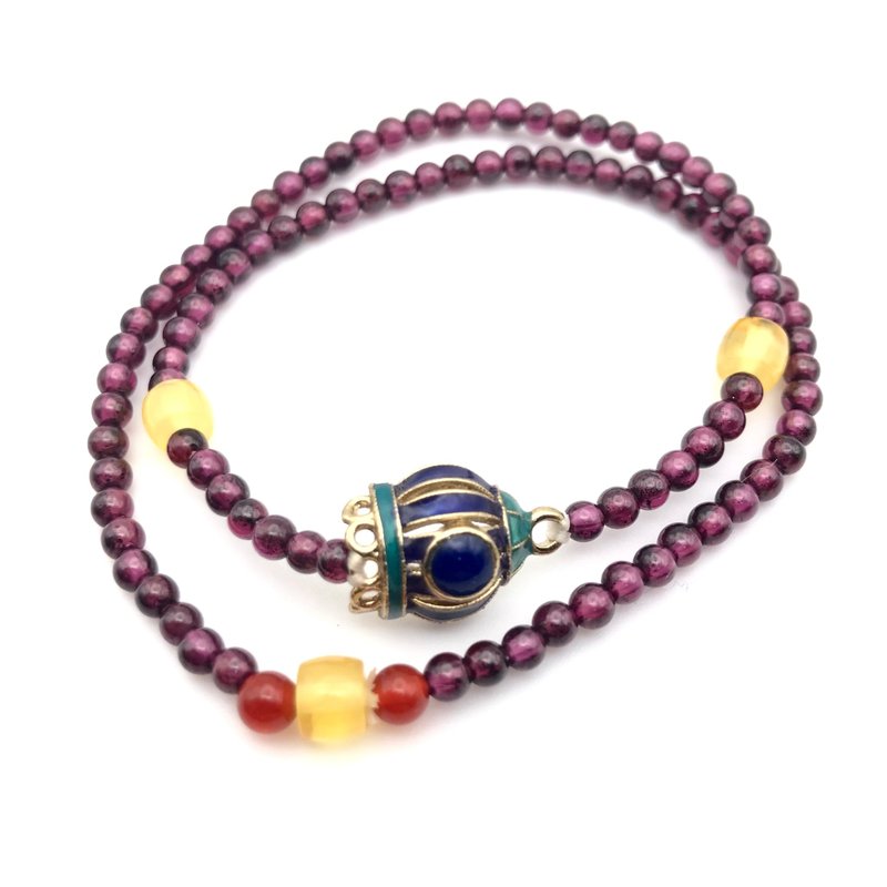 天然紫牙乌小米珠蜜蜡石榴石砂金景泰蓝双圈手串/女人石/老师送礼 - 手链/手环 - 半宝石 紫色