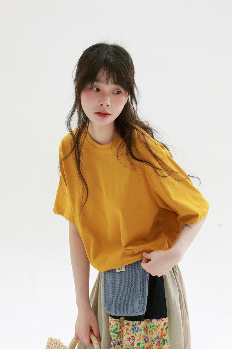 5顔色 休閒簡約文藝復古T恤 圓領寬松百搭基礎款上衣 - 女装 T 恤 - 棉．麻 黄色